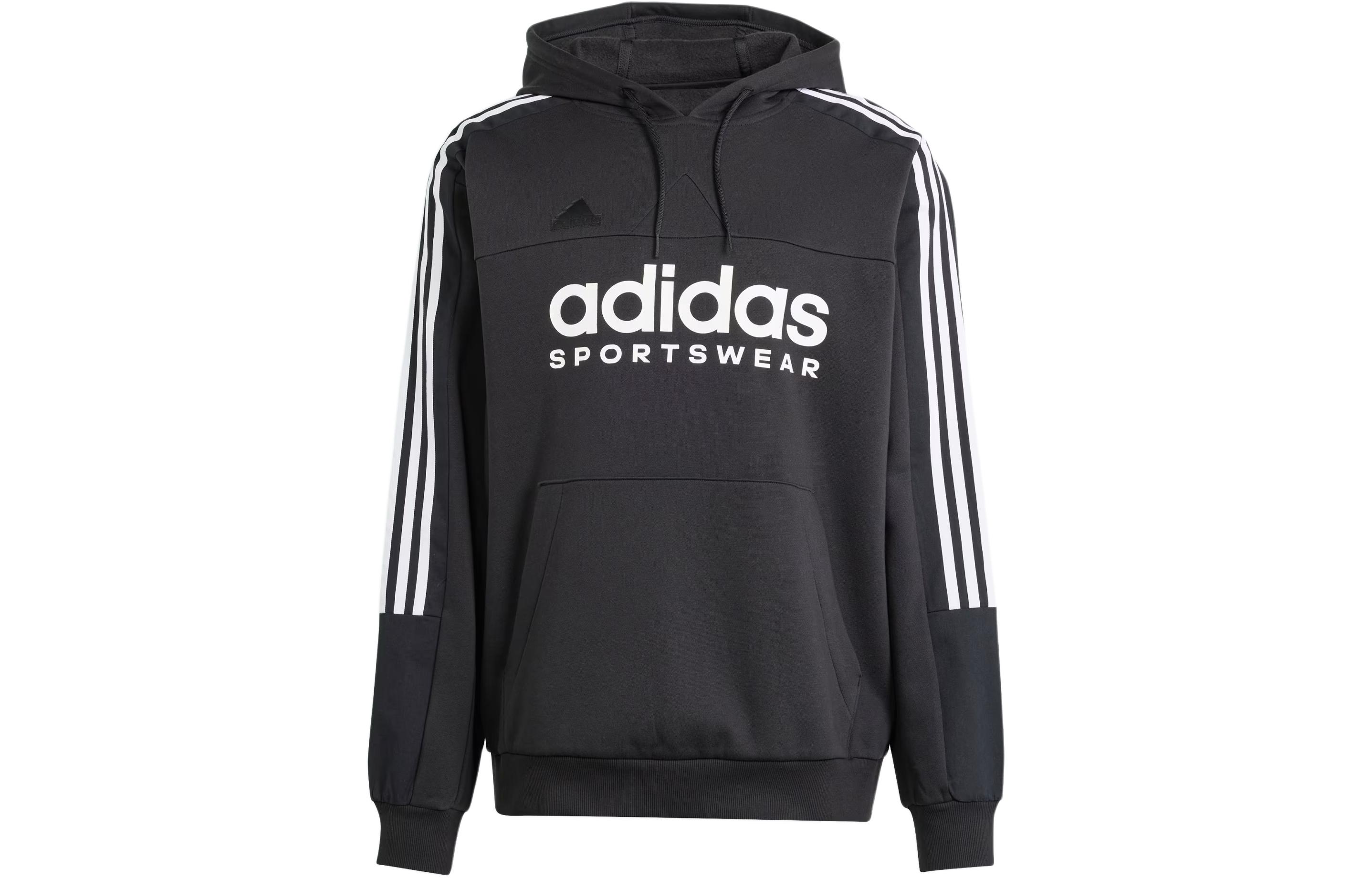 adidas House of Tiro Sportswear Hoodie Black Tricolor Fleece Pullover IV8126