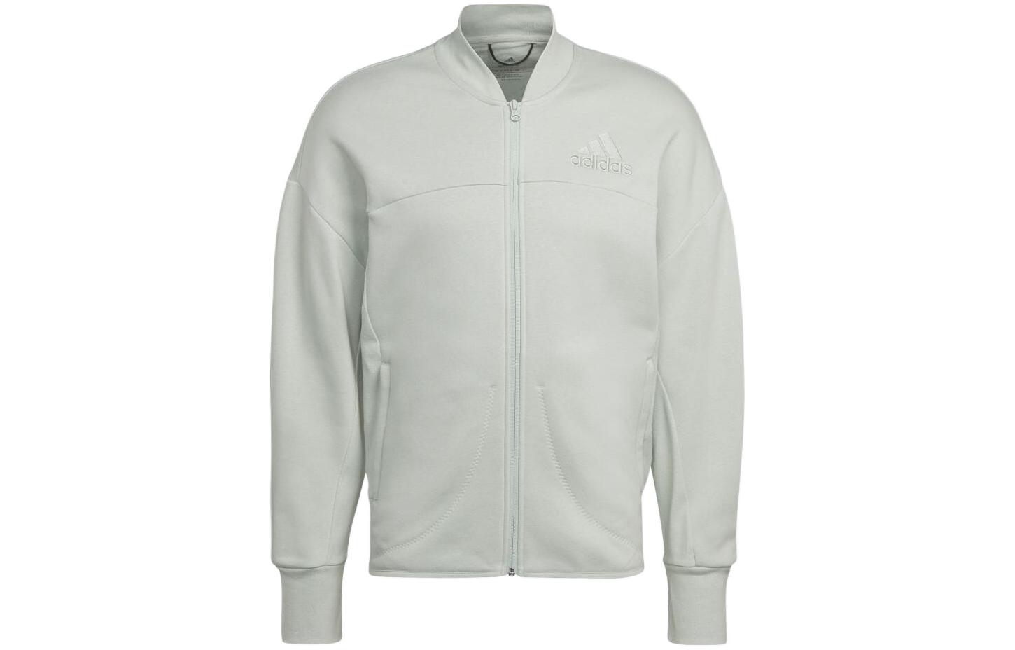 adidas Linen Green Embroidered Logo Baseball Collar Jacket HK4594
