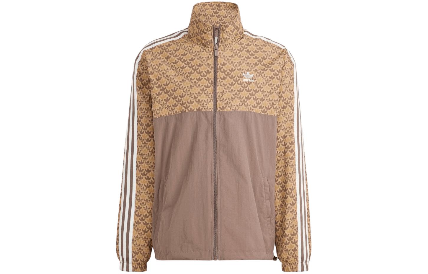adidas Logo Allover Print Stand Collar Zip Jacket Brown IS0216