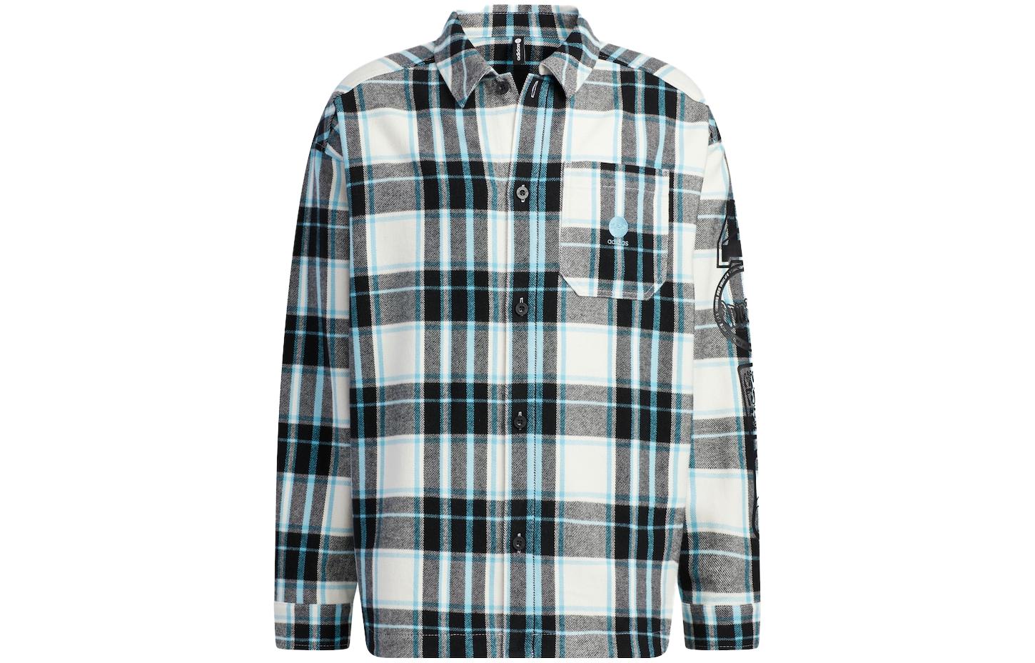 adidas Logo Embroidered Plaid Stripe Button-Up Shirt Jacket Black Blue IA6842