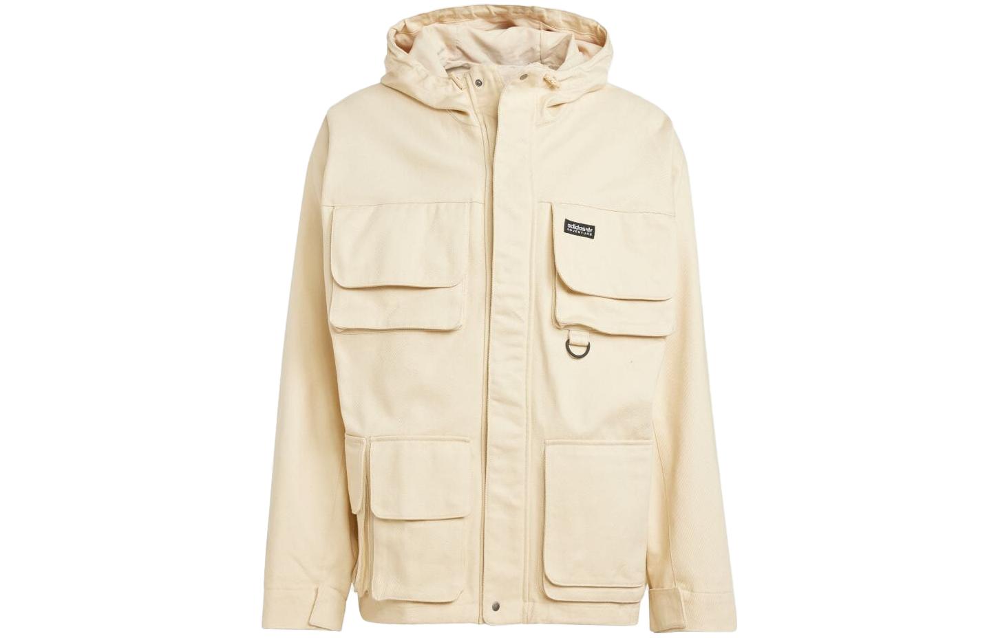 adidas Logo Hooded Multi-Pocket Zip Jacket Cream White IC2285