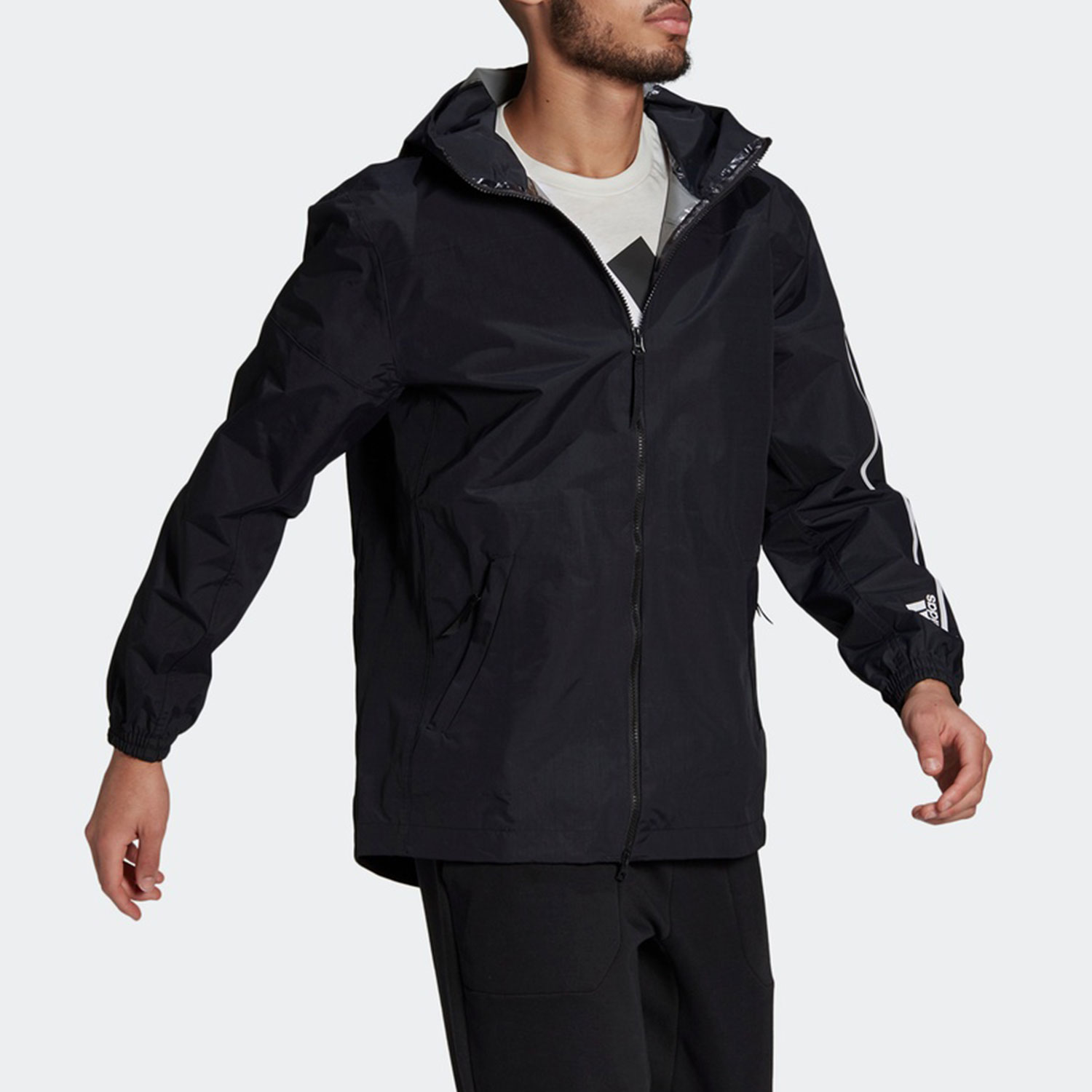 Shop adidas Logo Print Hooded Jacket Black Warm Casual Coat GM0895