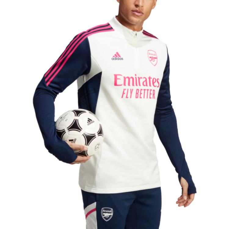 Shop adidas 復古足球長袖條紋Logo印花T恤 灰白色 HT4437