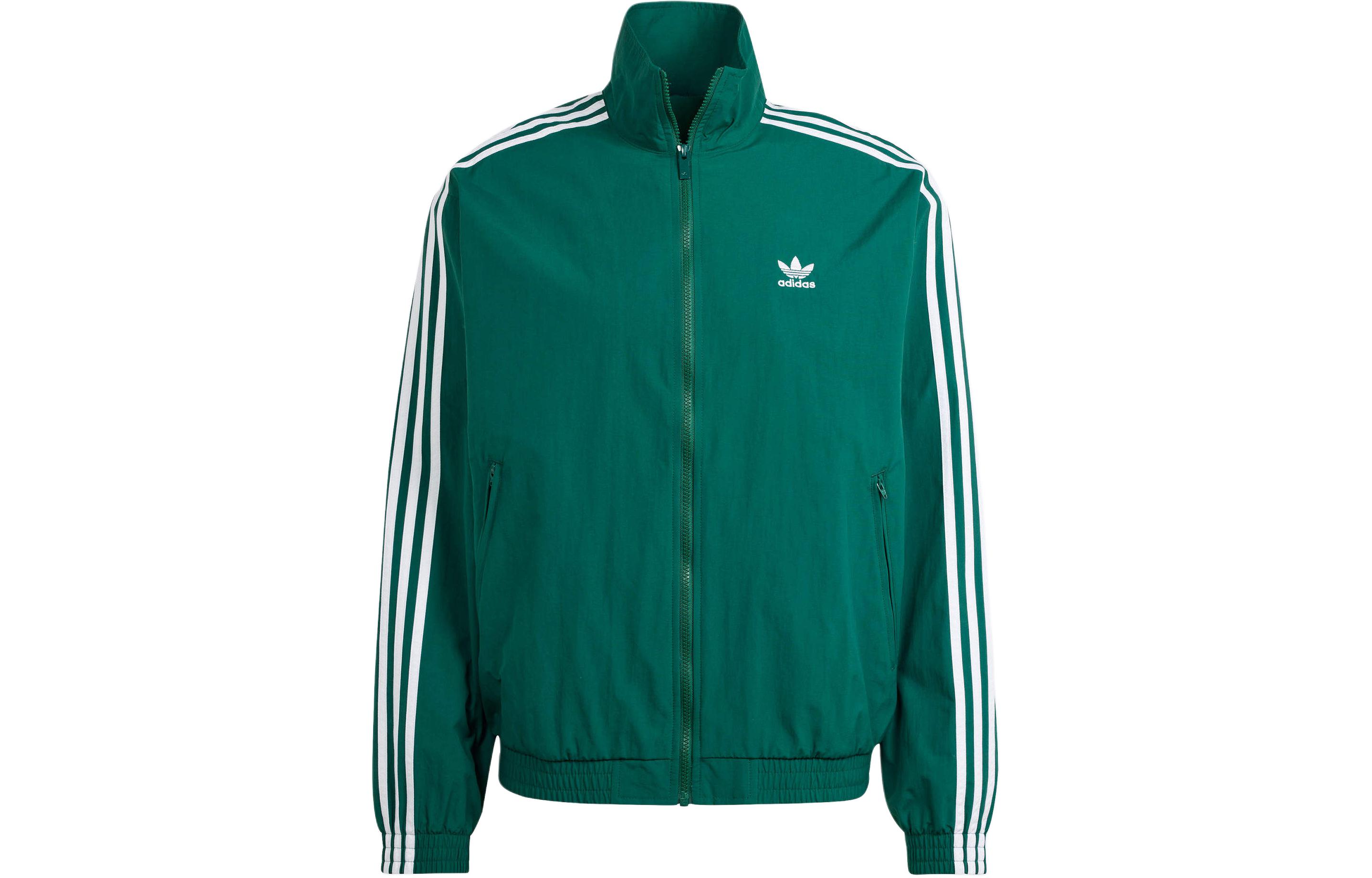 adidas Logo Print Zip-Up Retro Track Jacket Green Striped Long Sleeve IT2494