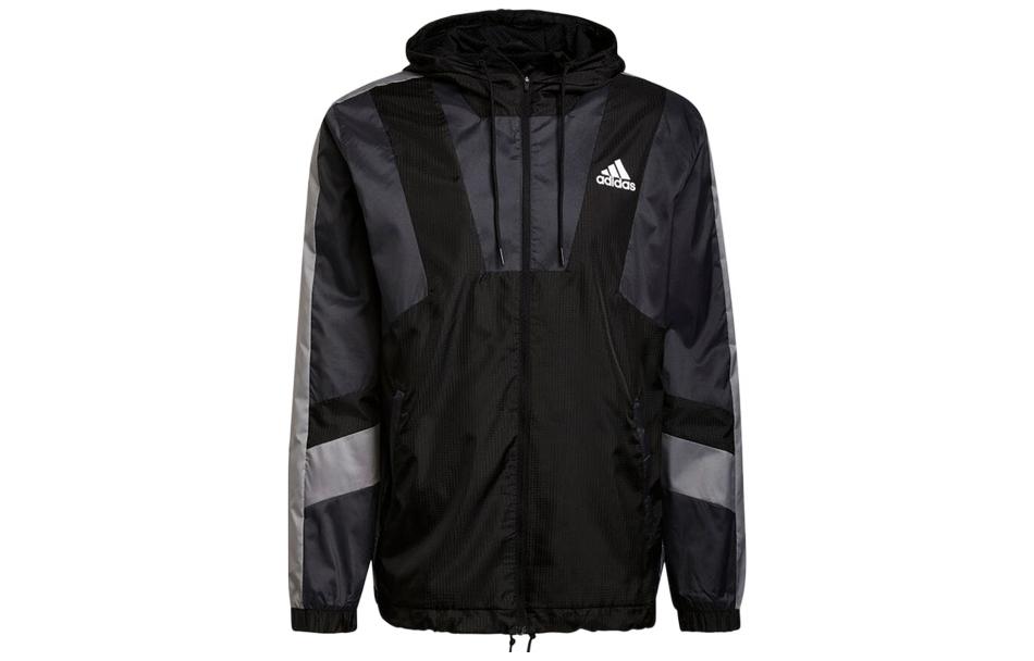 adidas Logo Printed Drawstring Zip-Up Hooded Jacket Black H31442