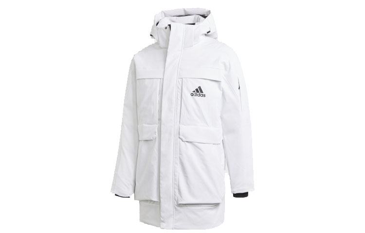 adidas Long Hooded Puffer Coat Unisex White with Pockets GN9838