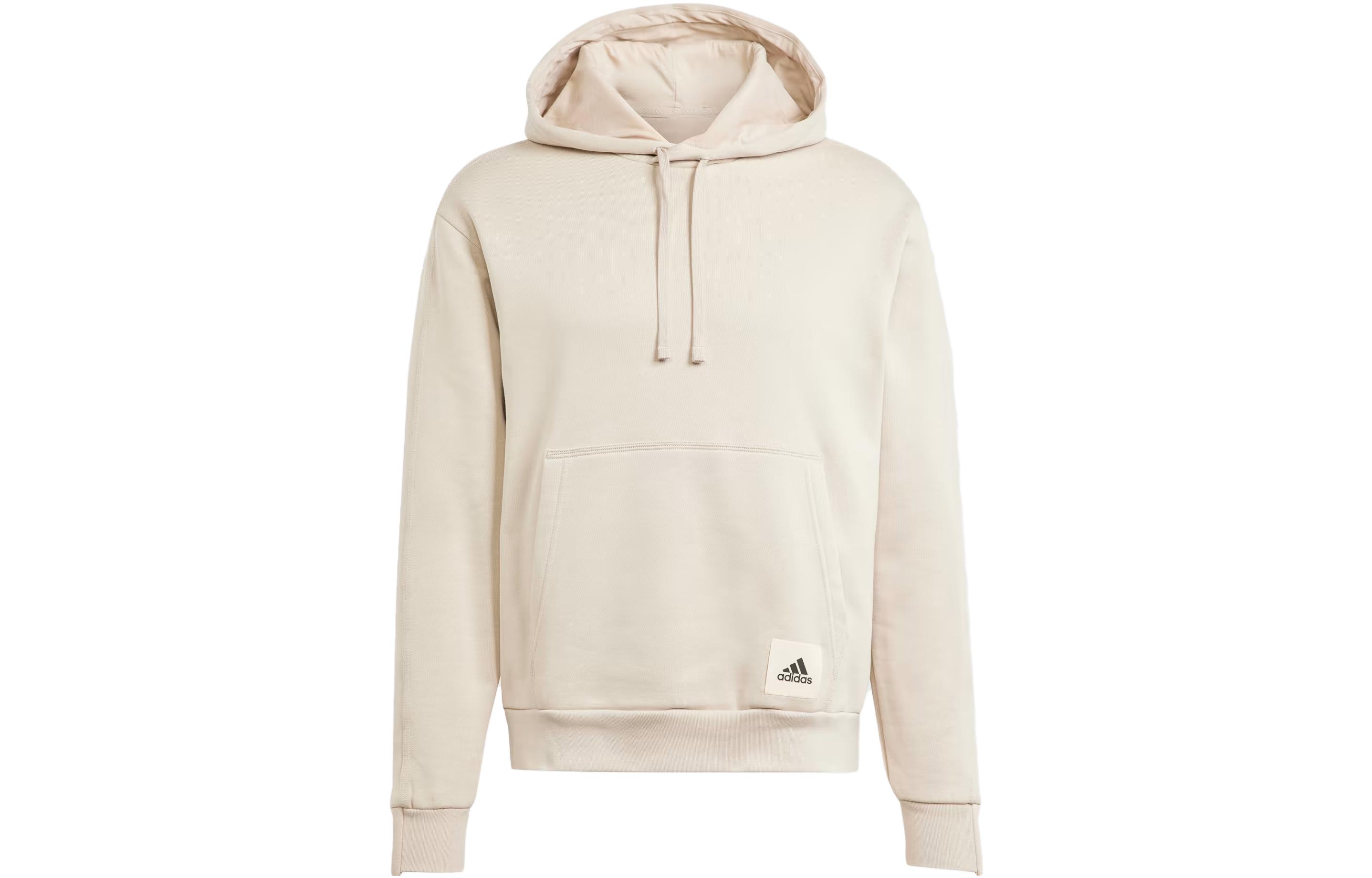 adidas Lounge Fleece Beige Hoodie Solid Color Logo Patch Design IM0478