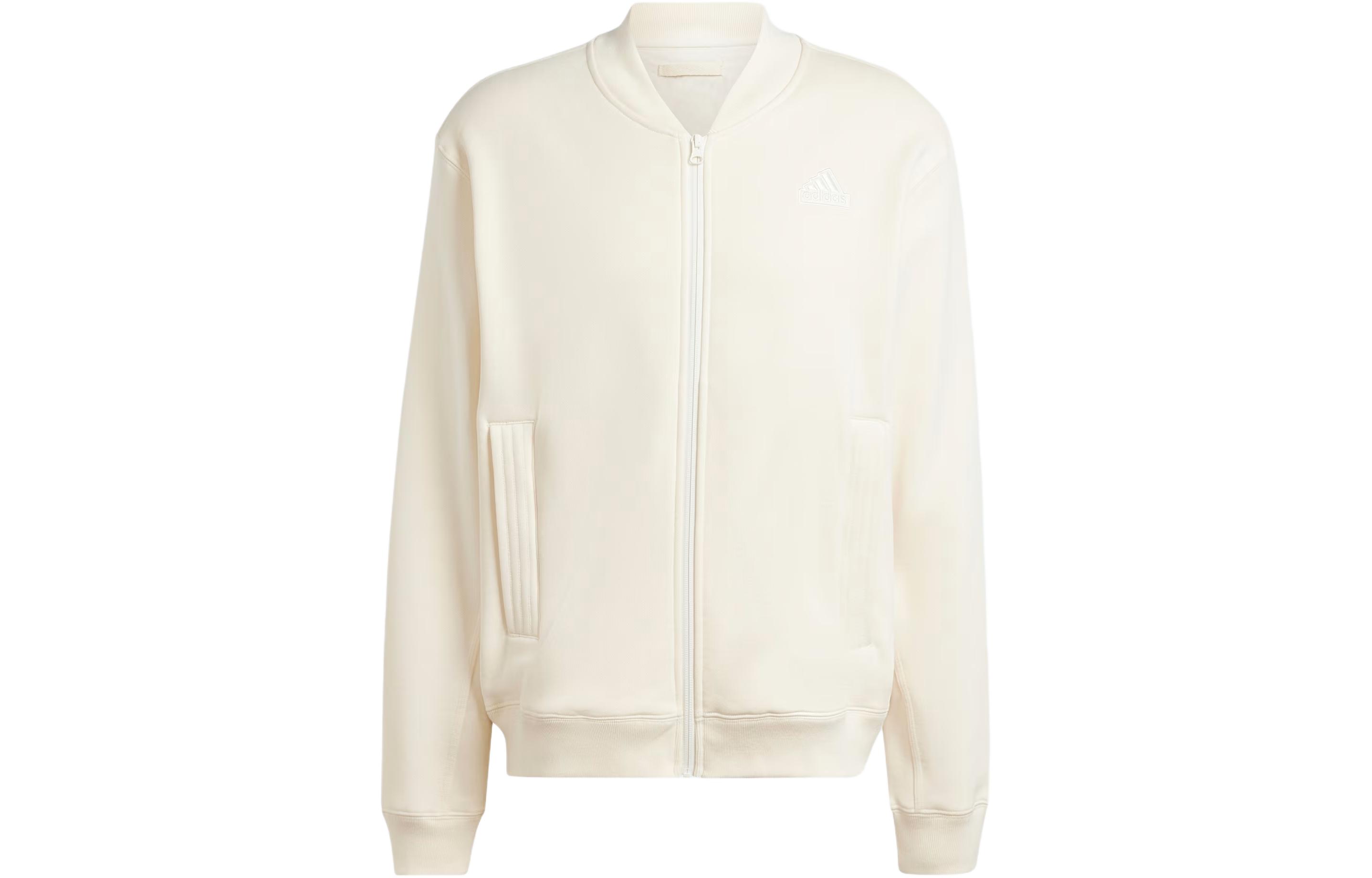 adidas Lounge Fleece Bomber Jacket Beige Zip-Up with Solid Logo Design IN1724