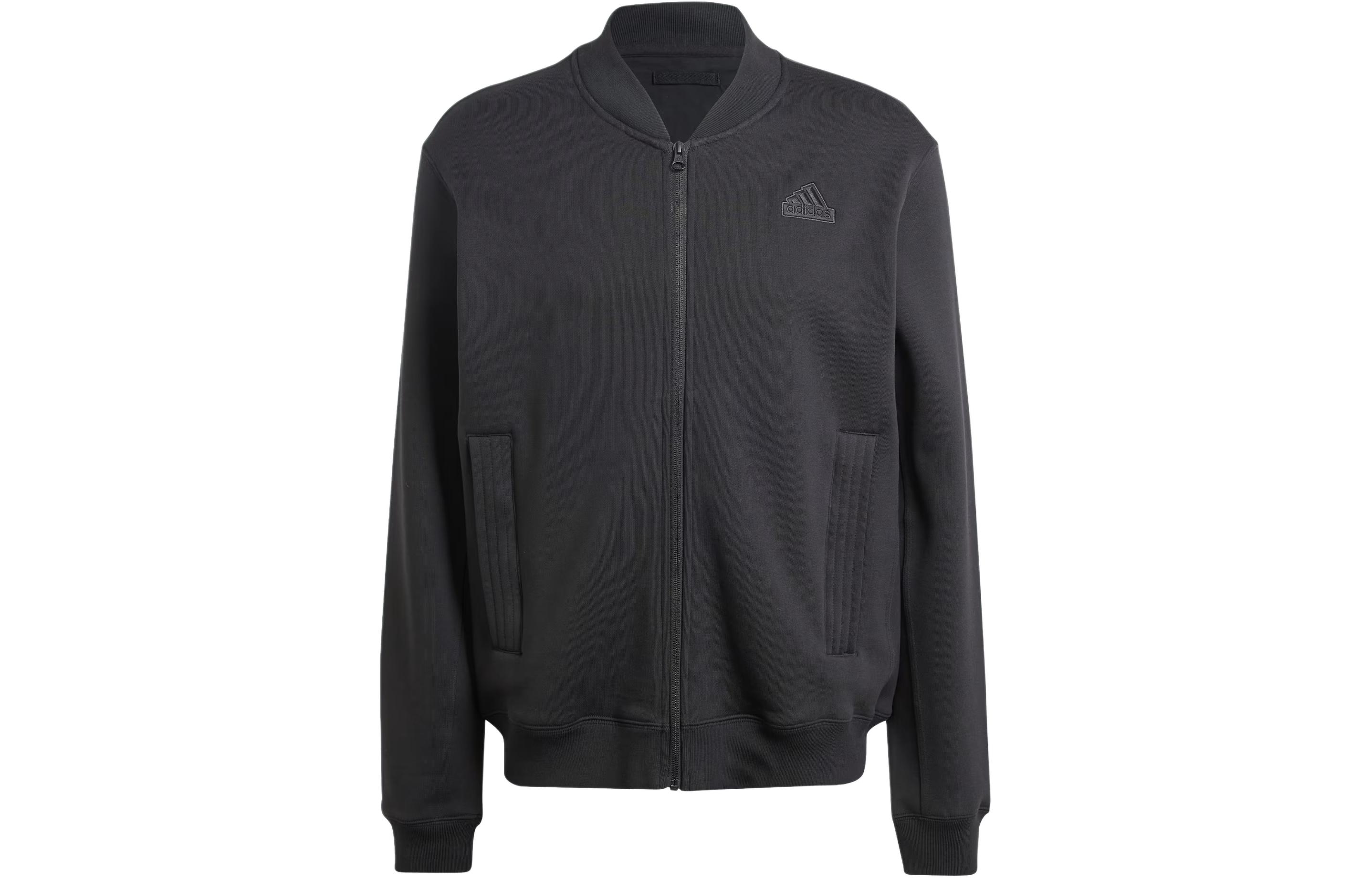 adidas Lounge Fleece Bomber Jacket Black Zip-Up Casual Logo Jacket IS1601
