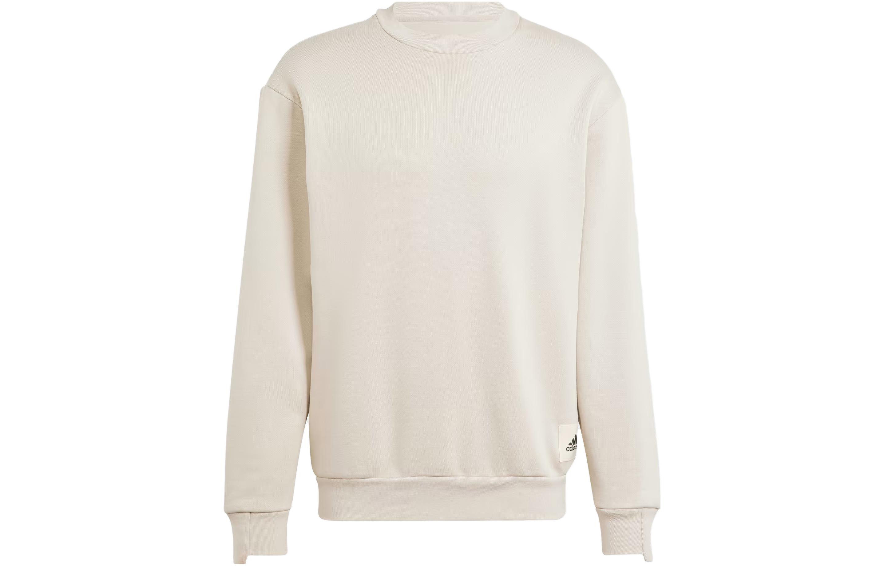 adidas Lounge Fleece Sweatshirt Beige Pullover with Logo Patch IM0488