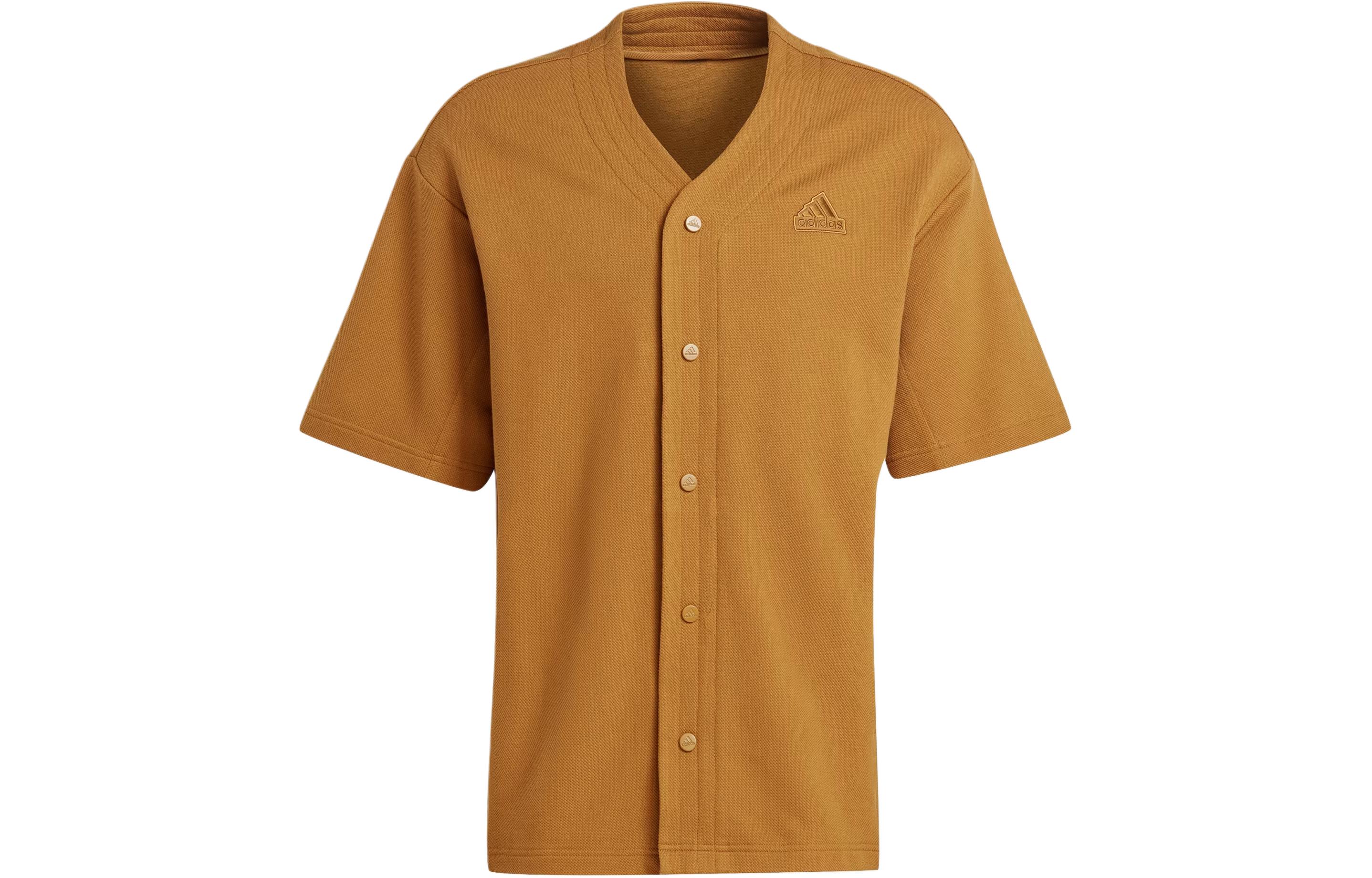 adidas Lounge Piqué Terry V-Neck Baseball Shirt Yellow Casual Tee IS1608
