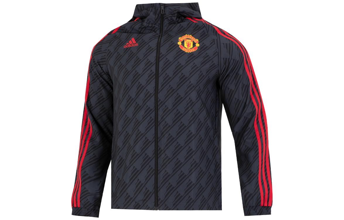 adidas Manchester United Black Striped Logo Knit Long-Sleeve Soccer Jacket Men HE6650