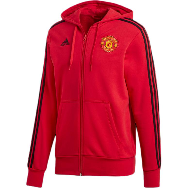 adidas Manchester United Red Logo Striped Zip Hoodie Jacket Men Soft Comfort D95965