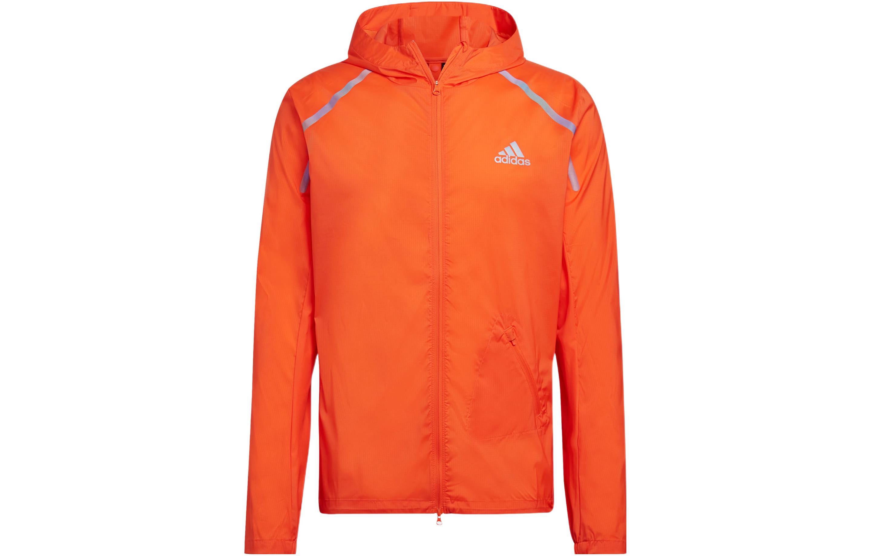 adidas Marathon Jacket Orange Zip-Up Hoodie with Logo and Stripe Design HL6508