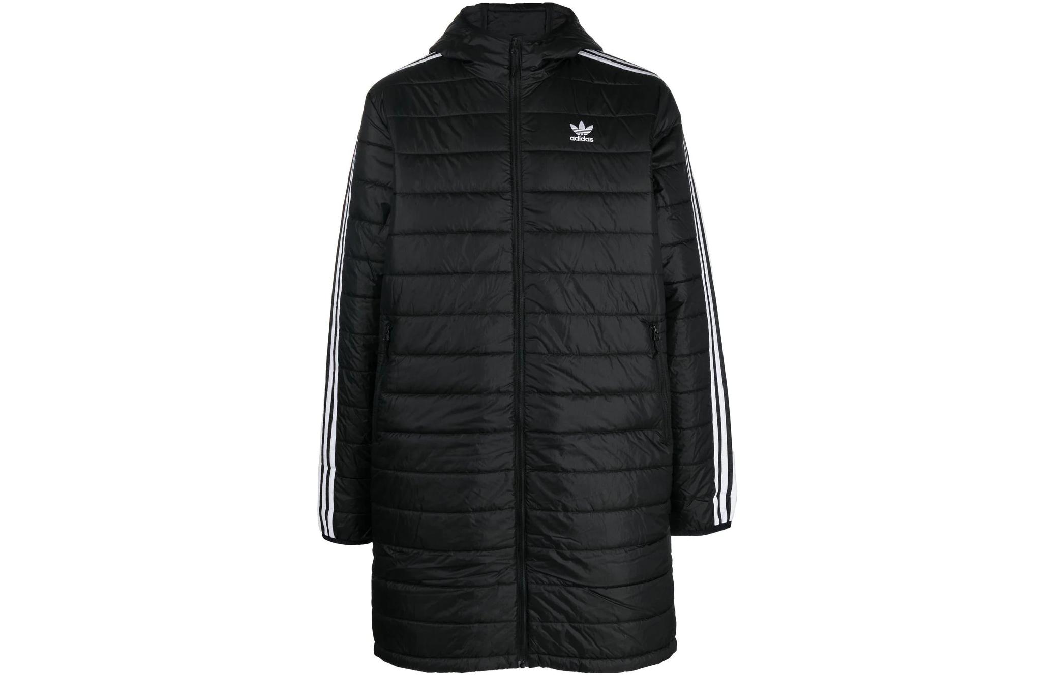 adidas Mid-Length Padded Coat Black with Embroidered Logo Stripes HM2461