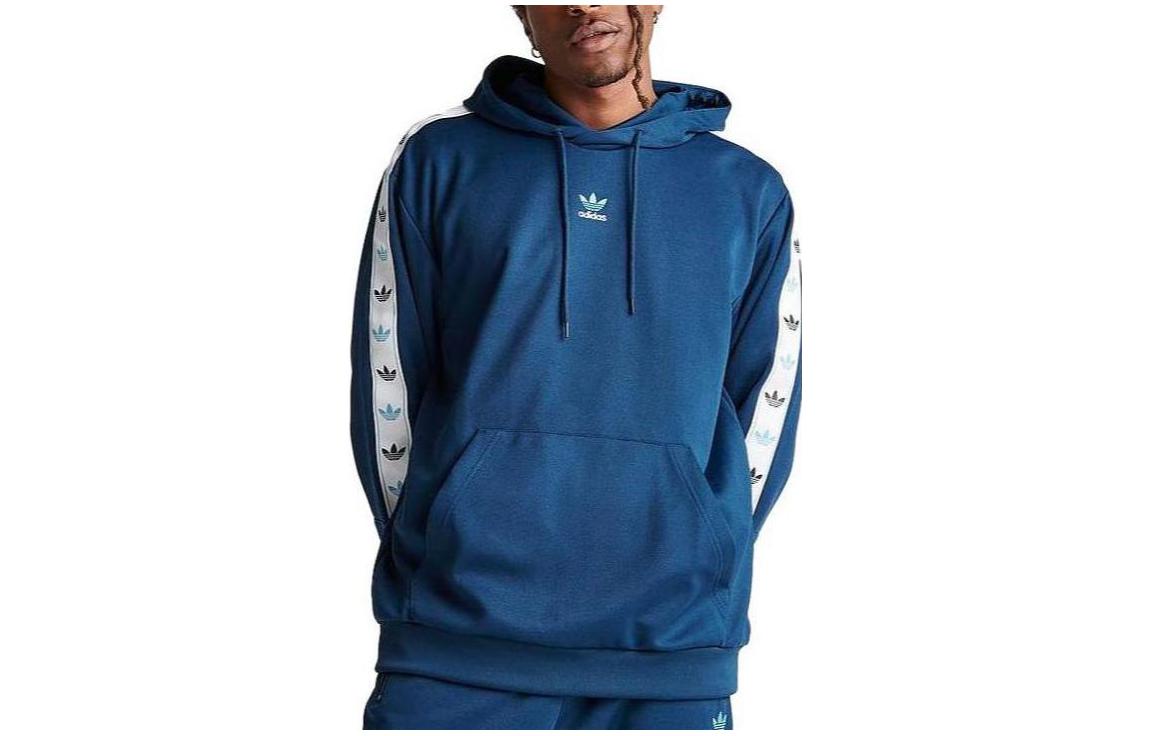 adidas MONO TAPE Logo Striped Hoodie Blue Long Sleeve Pullover IP2223