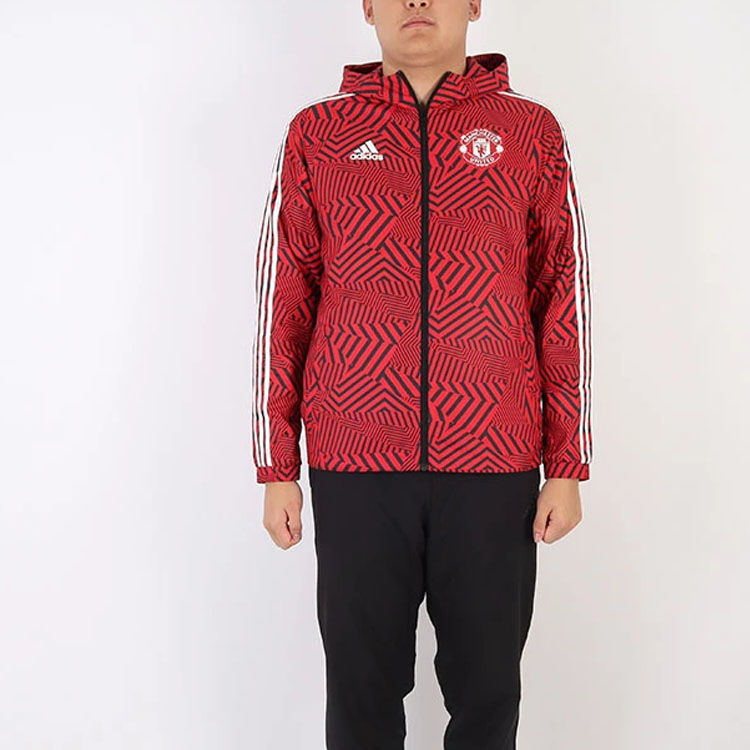 Sizing adidas Jaket Windbreaker MUFC Manchester United Merah Berkerudung Pria FR3844