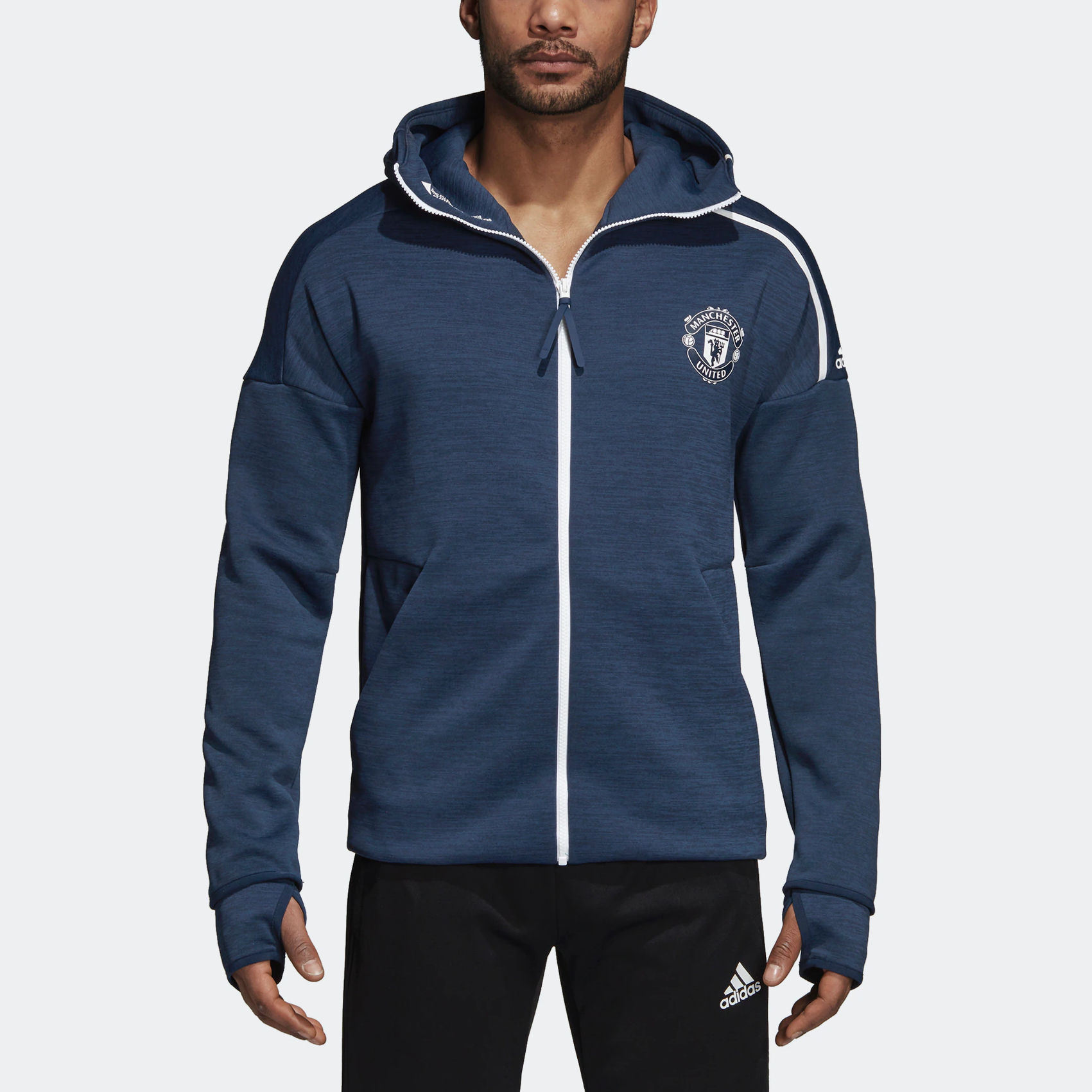adidas MUFC ZNE HD Logo Print Hoodie Jacket Blue CY6102 圖 4