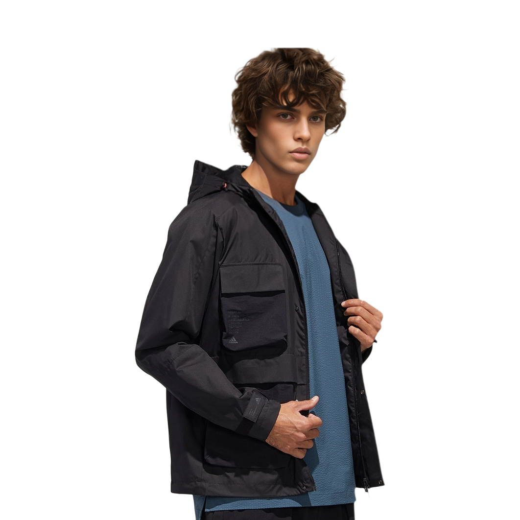 Shop adidas 多口袋戶外連帽防風外套 - 黑色 GF4019