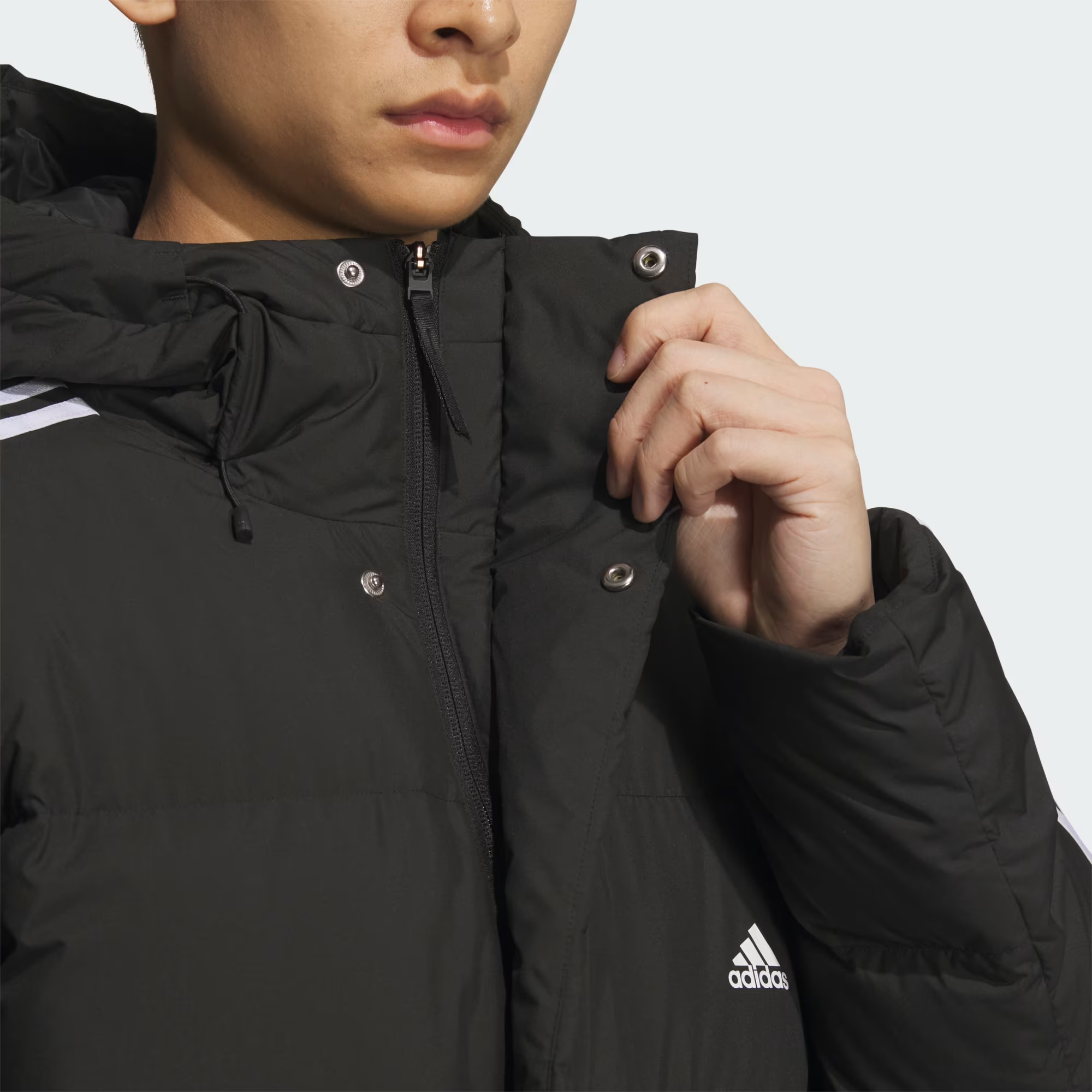 Sizing adidas Must-Have 600 Fill Down Coat Black Unisex Striped Hooded Winter Jacket. JG5958