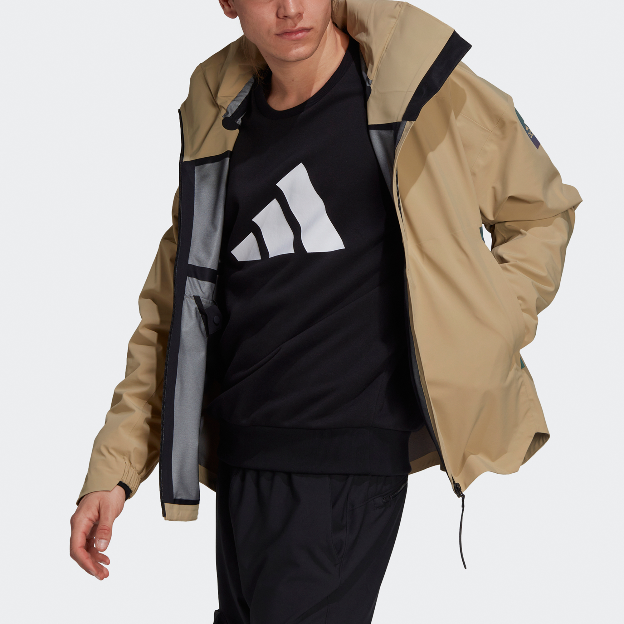 adidas MYSHELTER Outdoor Rain Jacket Loose Fit Khaki with Hood Logo GT6574 圖 4