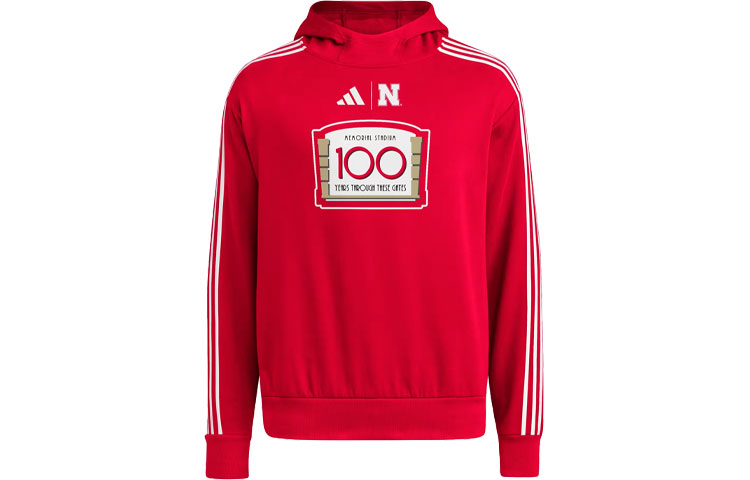 adidas Nebraska Pullover Red Hoodie with 3-Stripes and Letter Graphic Design IK8745