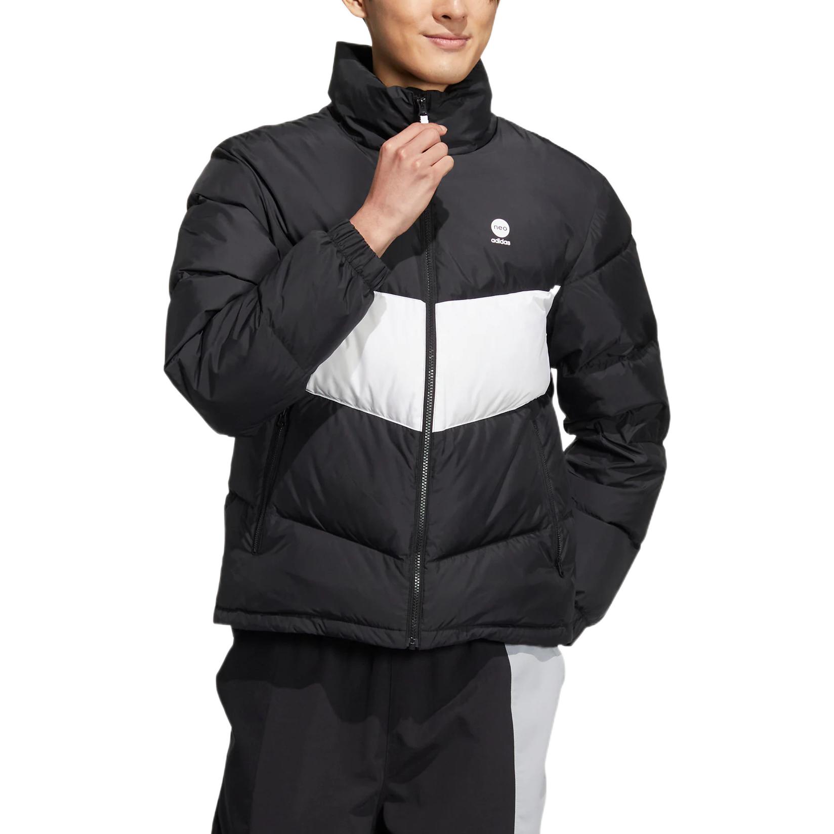 Lookbook adidas Neo 黑色標誌印花拉鍊羽絨外套 男女長袖款式. HM6173