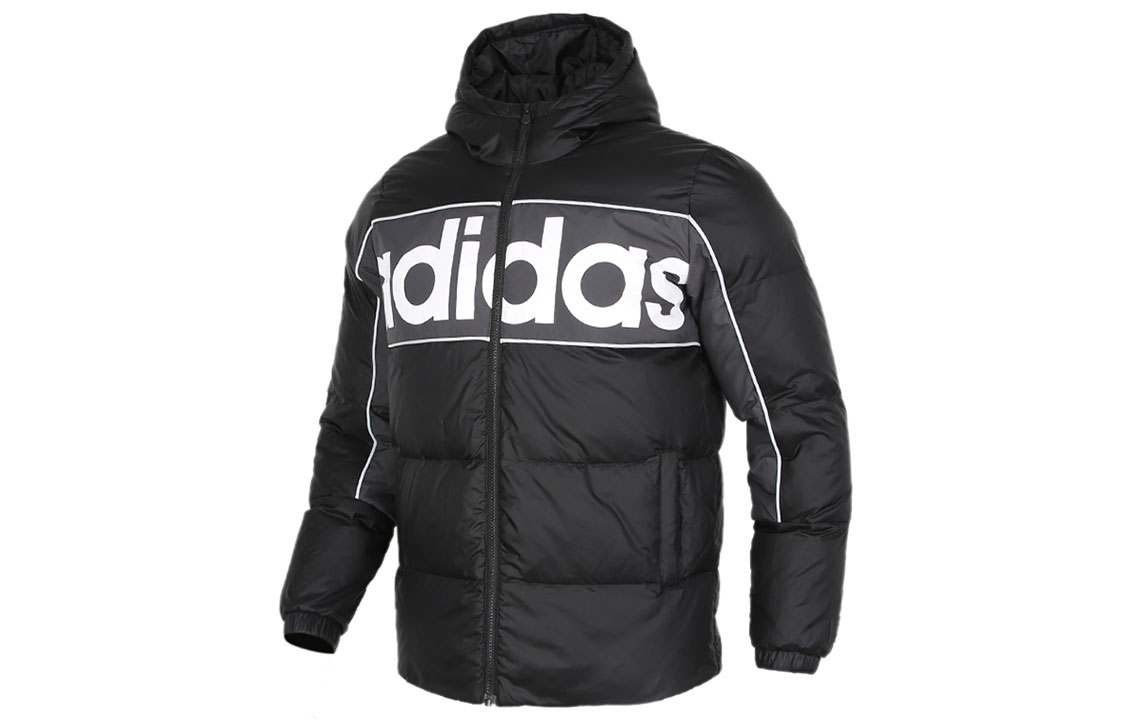 Adidas Neo Down Jacket Winter Black Hooded Puffer Colorblock Logo GJ8804