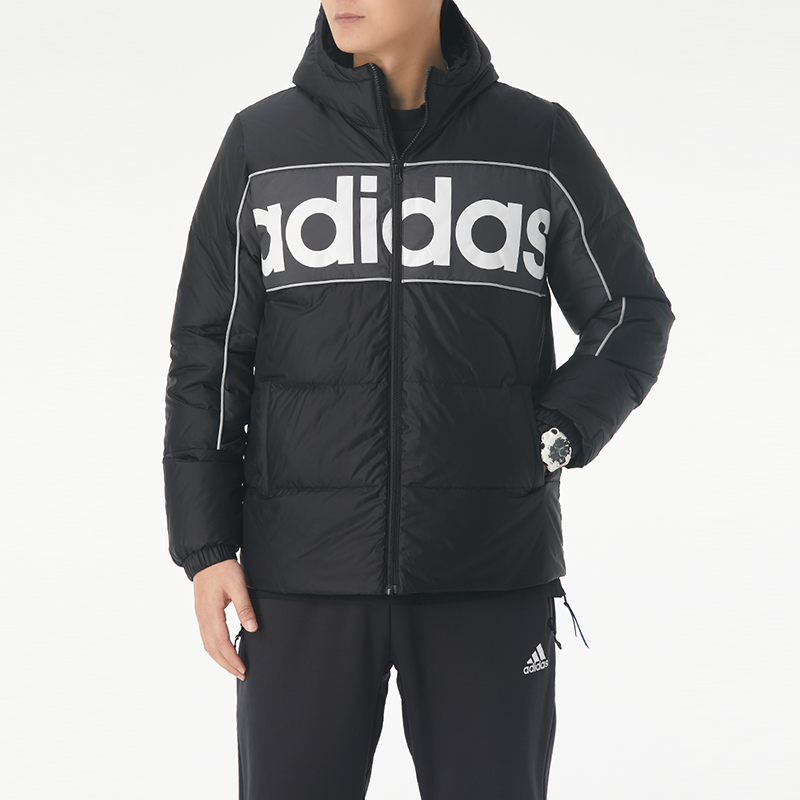 Adidas Neo Down Jacket Winter Black Hooded Puffer Colorblock Logo GJ8804 圖 4
