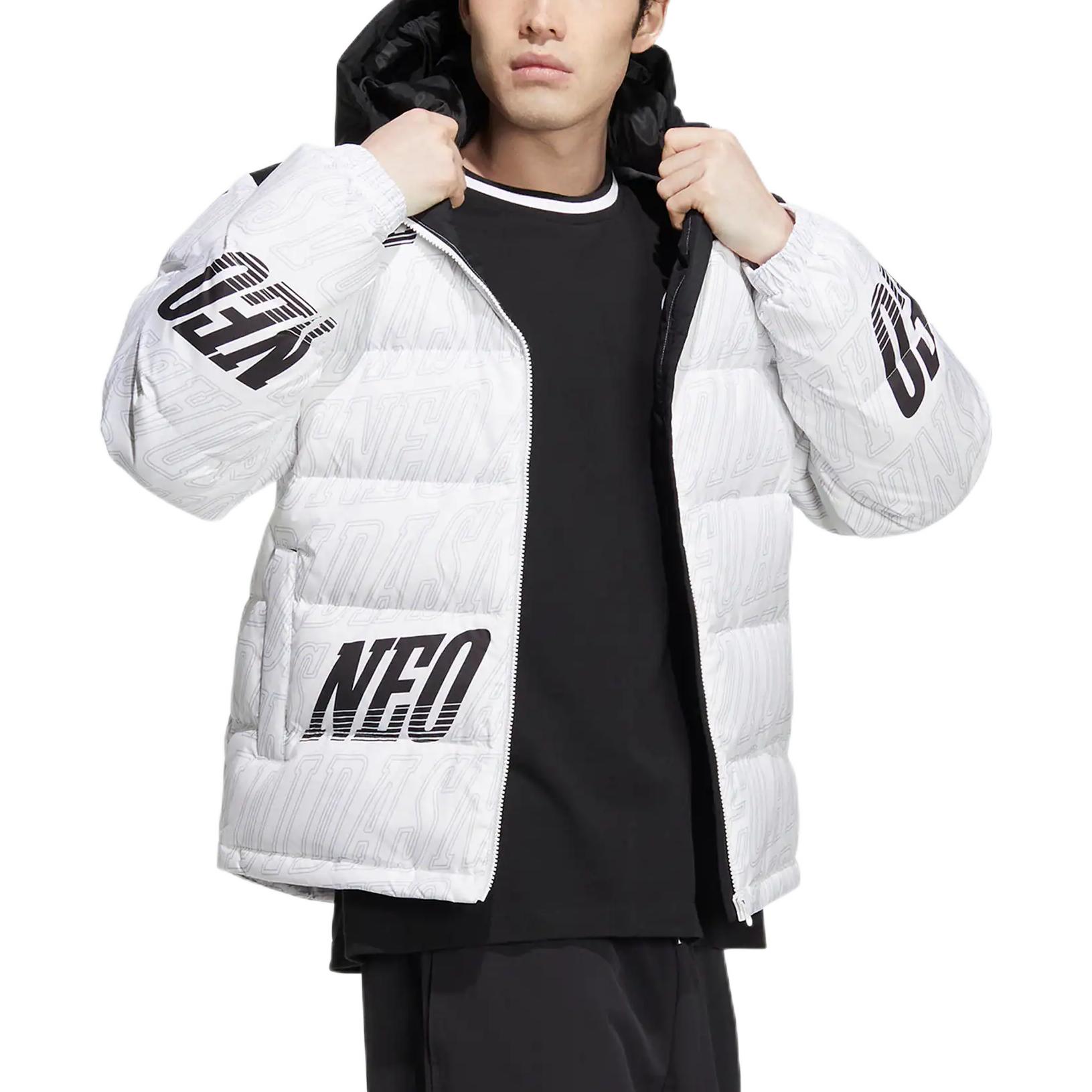 Lookbook 阿迪达斯NEO字母印花连帽羽绒夹克男女同款白色休闲服。 HN4798