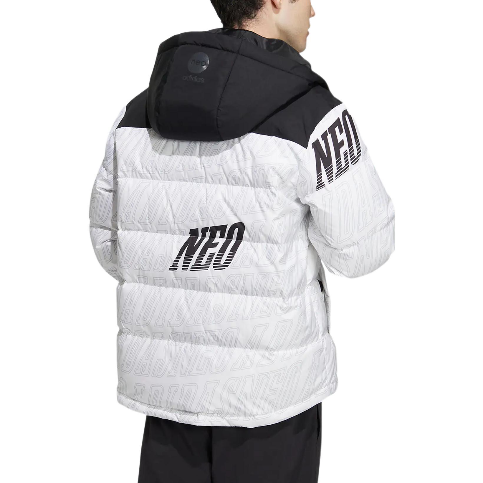 Shop 阿迪达斯NEO字母印花连帽羽绒夹克男女同款白色休闲服。 HN4798