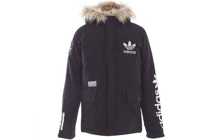 Order adidas Originals  Black Logo Print Hooded Down Jacket with Fur Trim. AY8638