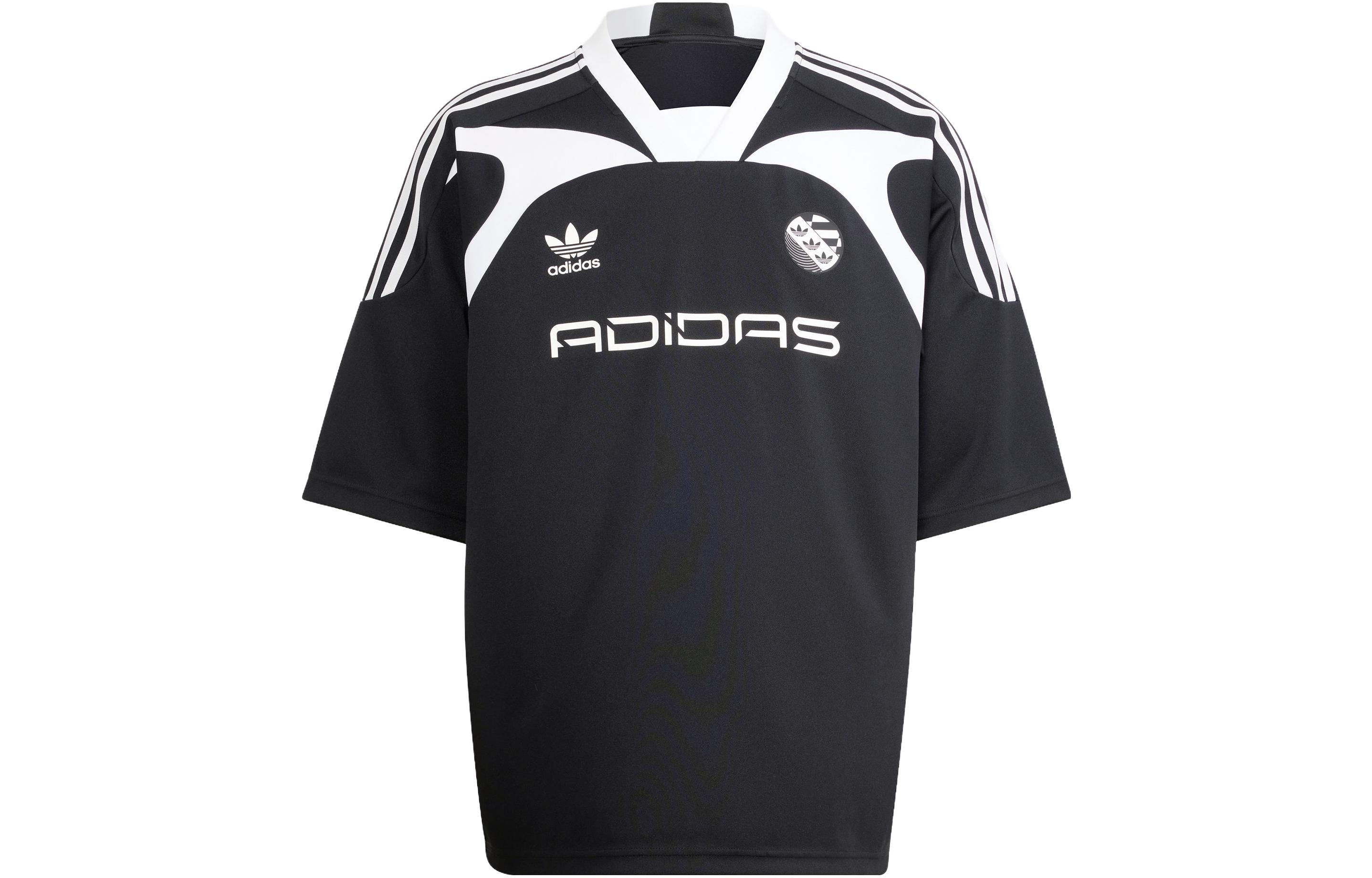 adidas Originals  Black V-Neck Soccer Jersey with 3-Stripes Logo Print. IW3635