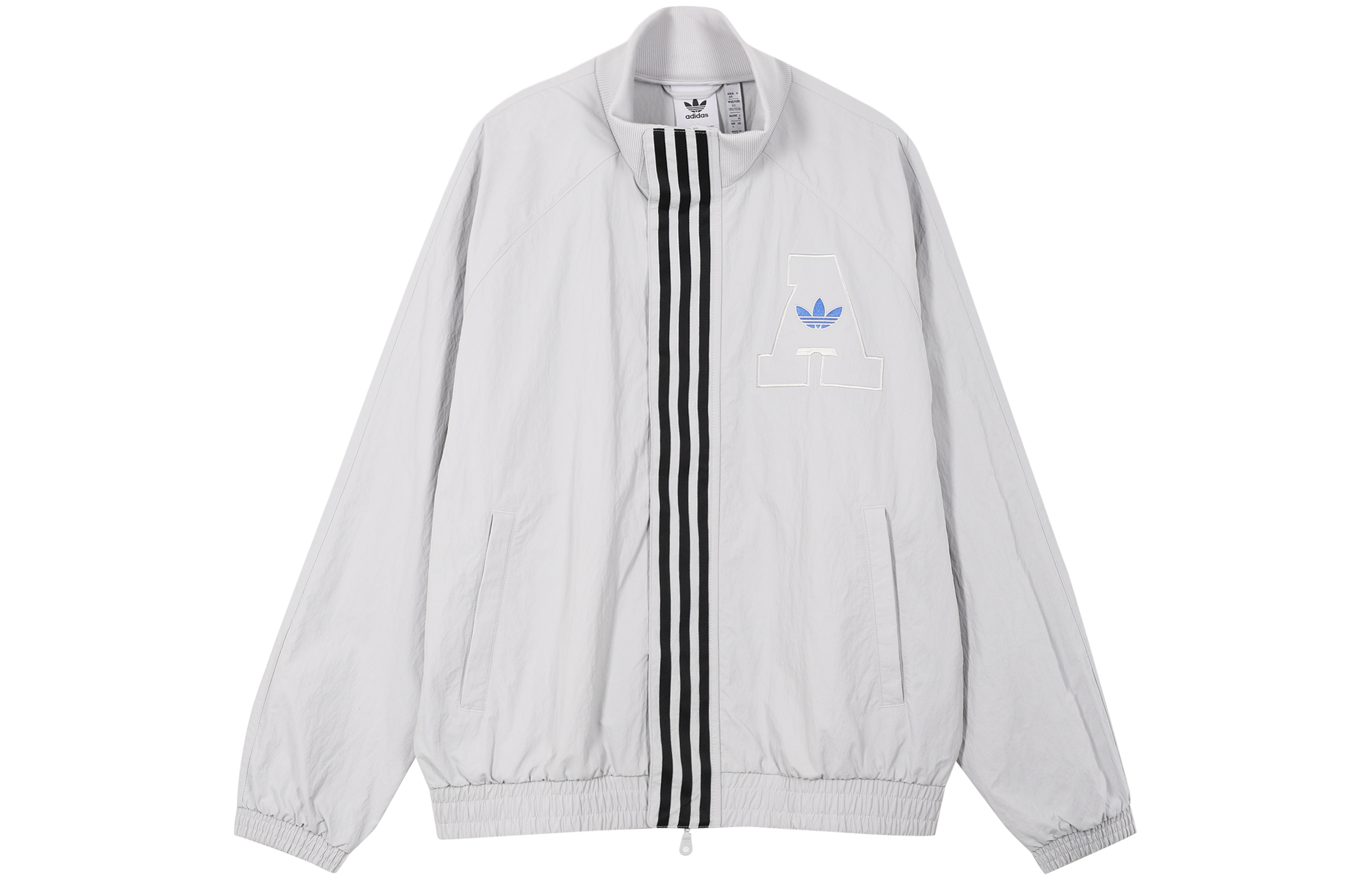 Order adidas Originals Jaket Track Abu Muda dengan Garis dan Cetak Huruf. IU4846