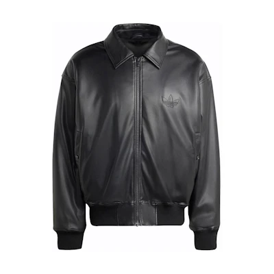 adidas Originals Logo Print Vintage Loose Fit Leather Jacket Black IP3281