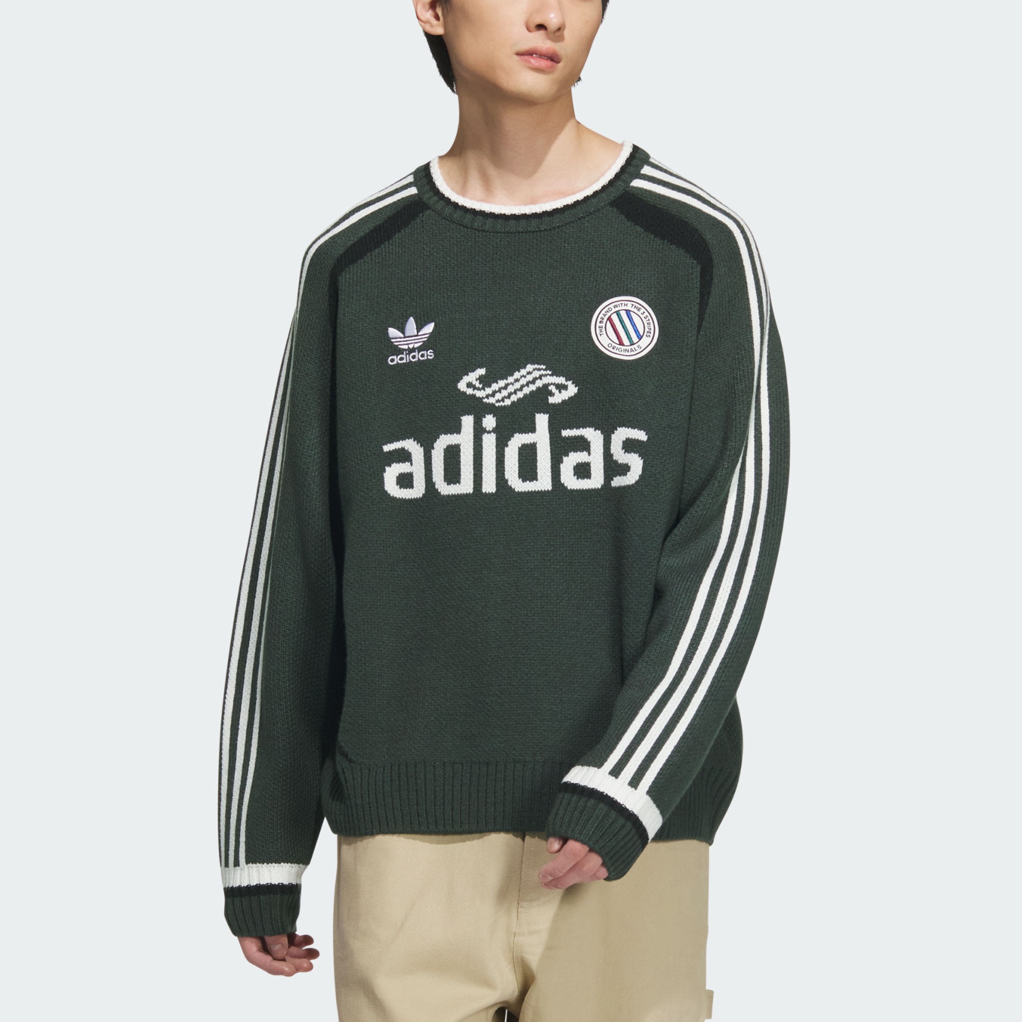 Lookbook adidas Originals Adicolor FW24 Logo針織圓領長袖上衣 礦綠色 男女款 JL8364