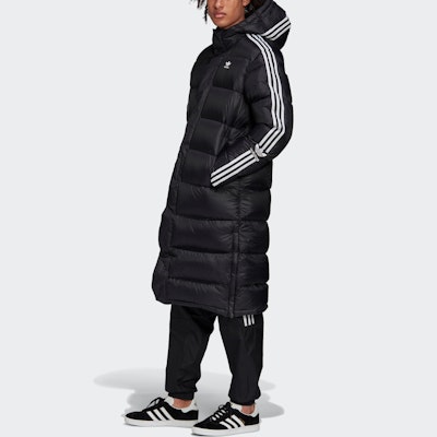 adidas Originals 男士黑色長版羽絨外套連帽冬季大衣 FL0007 Shop adidas Originals 男士黑色長版羽絨外套連帽冬季大衣 FL0007