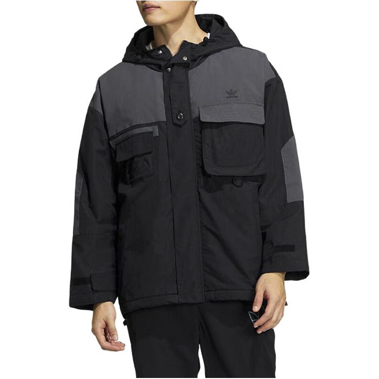 Shop adidas Originals Black Multi-Pocket Hooded Jacket with Zipper Patchwork IC8164