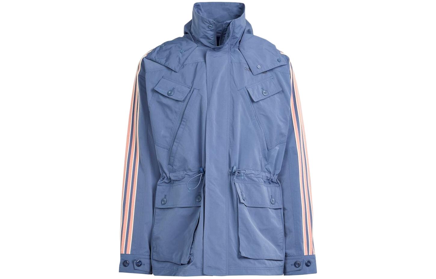 adidas Originals Blue Striped Hooded Zip-Up Windbreaker. IR9397