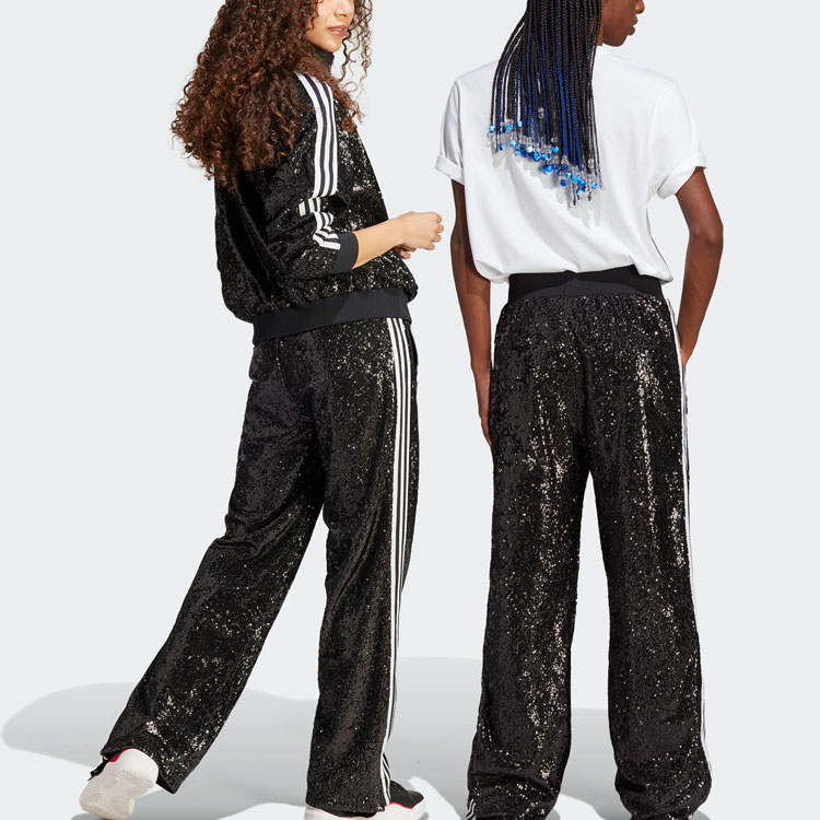 Shop adidas Originals 藍色復古亮片條紋針織運動長褲-Unisex. HM2053