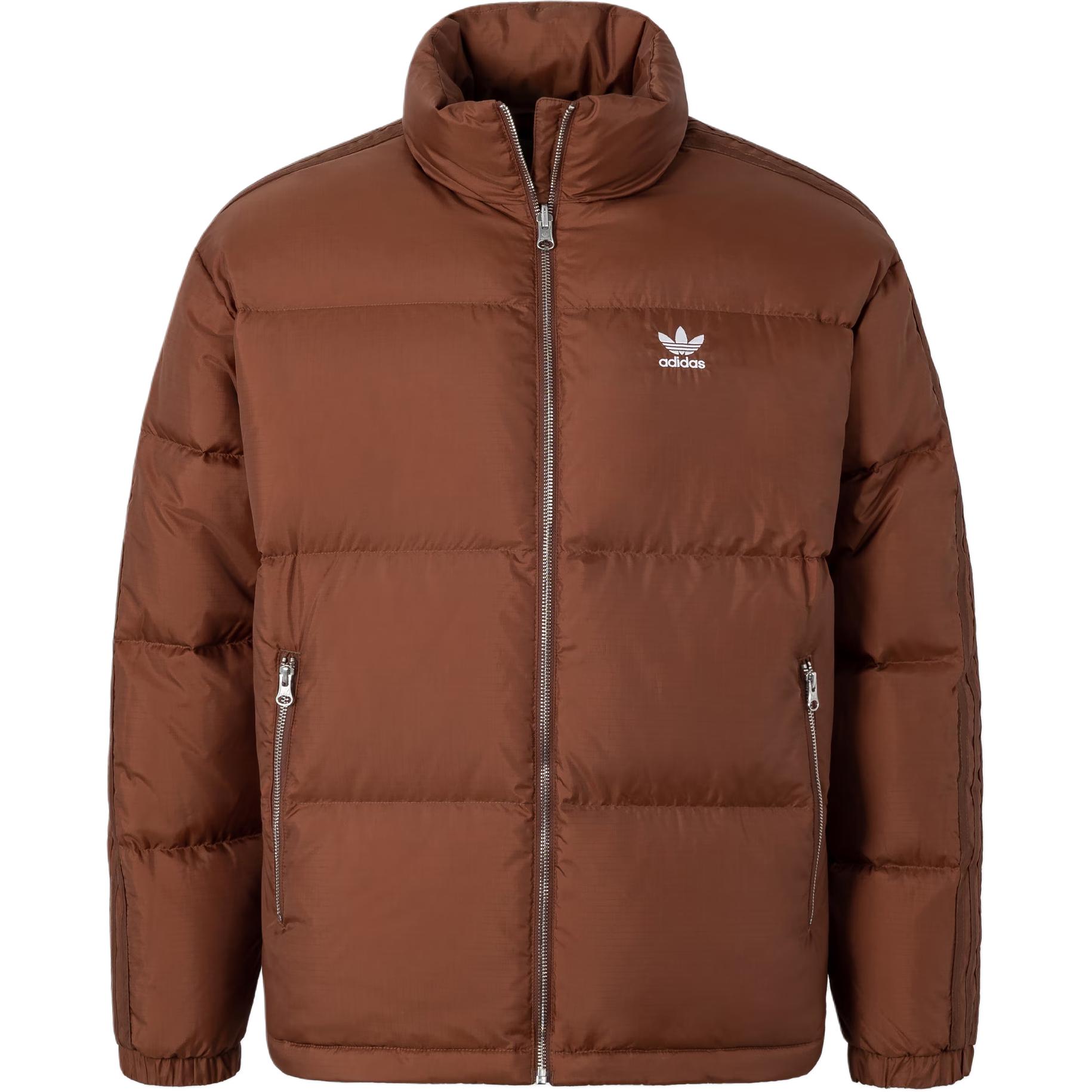 adidas Originals Brown Logo Striped Stand Collar Puffer Jacket Unisex. JW1370