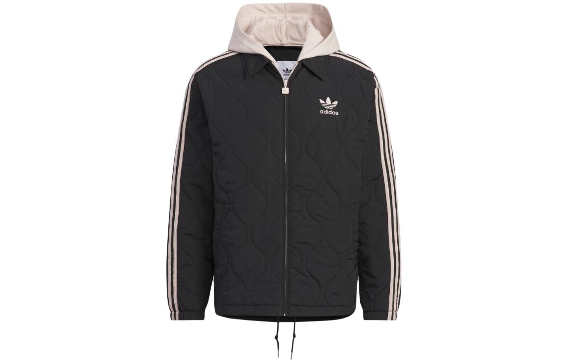 adidas Originals Classic Sport Hooded Puffer Jacket Black Embroidered Stripes IW6284
