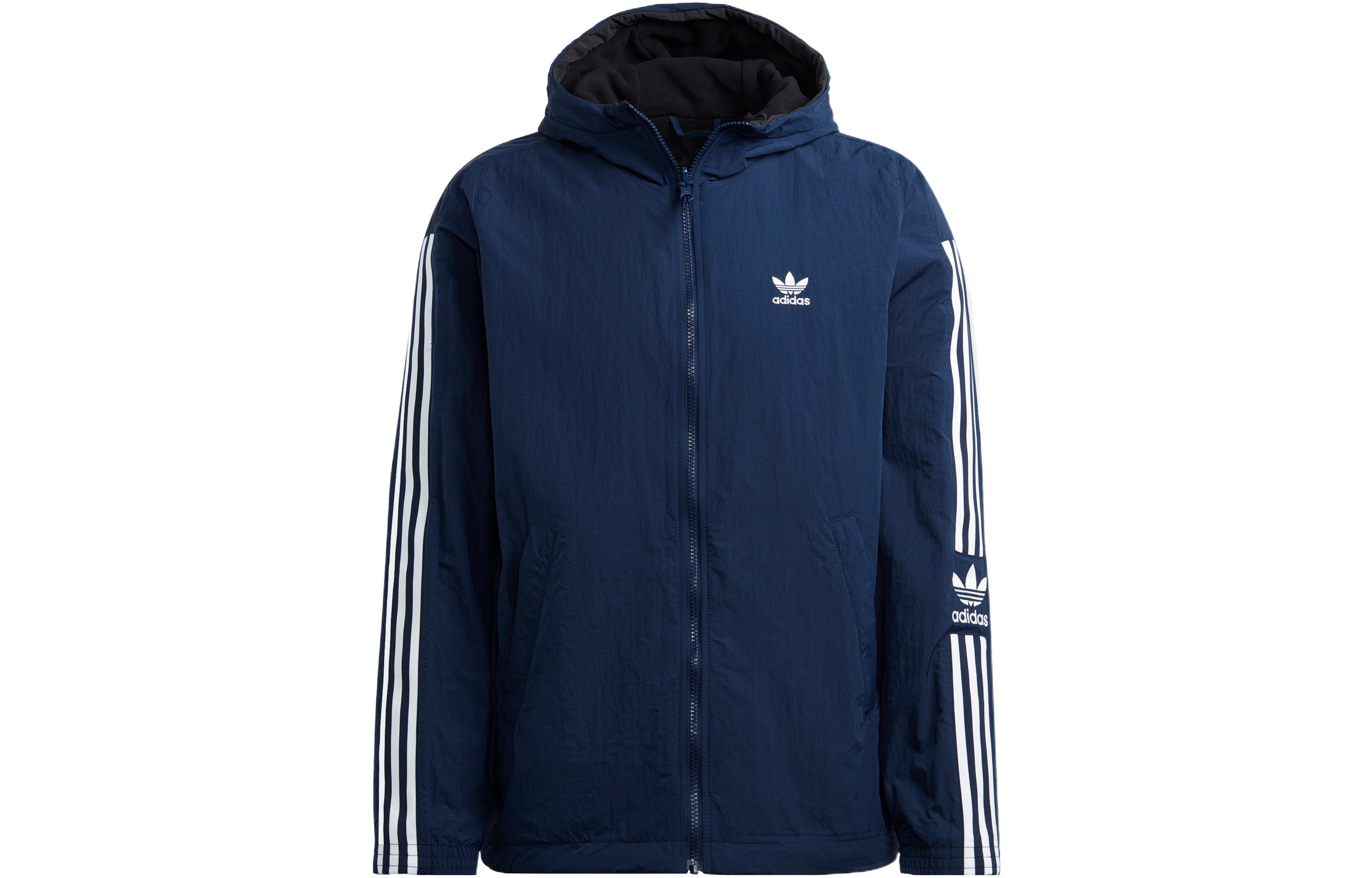 adidas Originals Lock-Up Reversible Jacket Navy Blue Striped Logo Hoodie HL9188