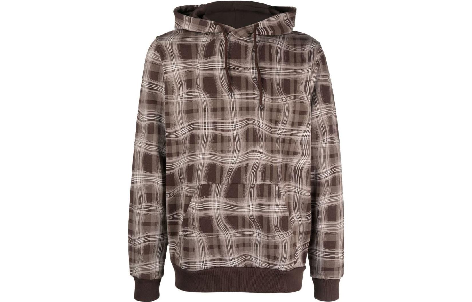 adidas Originals Logo Print Plaid Drawstring Hoodie Brown Men HK2750