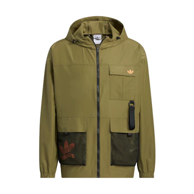 adidas Originals Logo Print Zipper Hooded Multi-Pocket Jacket Olive Green HS1909