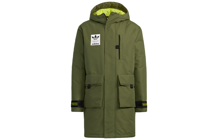 adidas Originals Long Hooded Down Jacket Olive Green Winter Coat. H58061