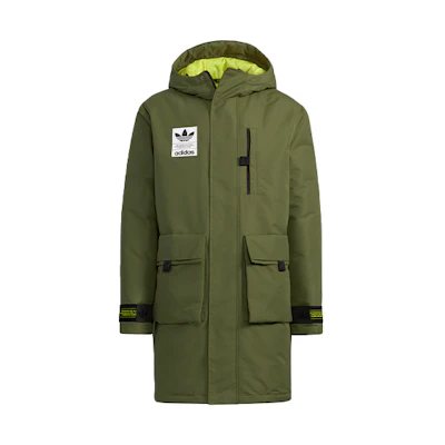adidas Originals Long Hooded Down Jacket Olive Green Winter Coat. H58061