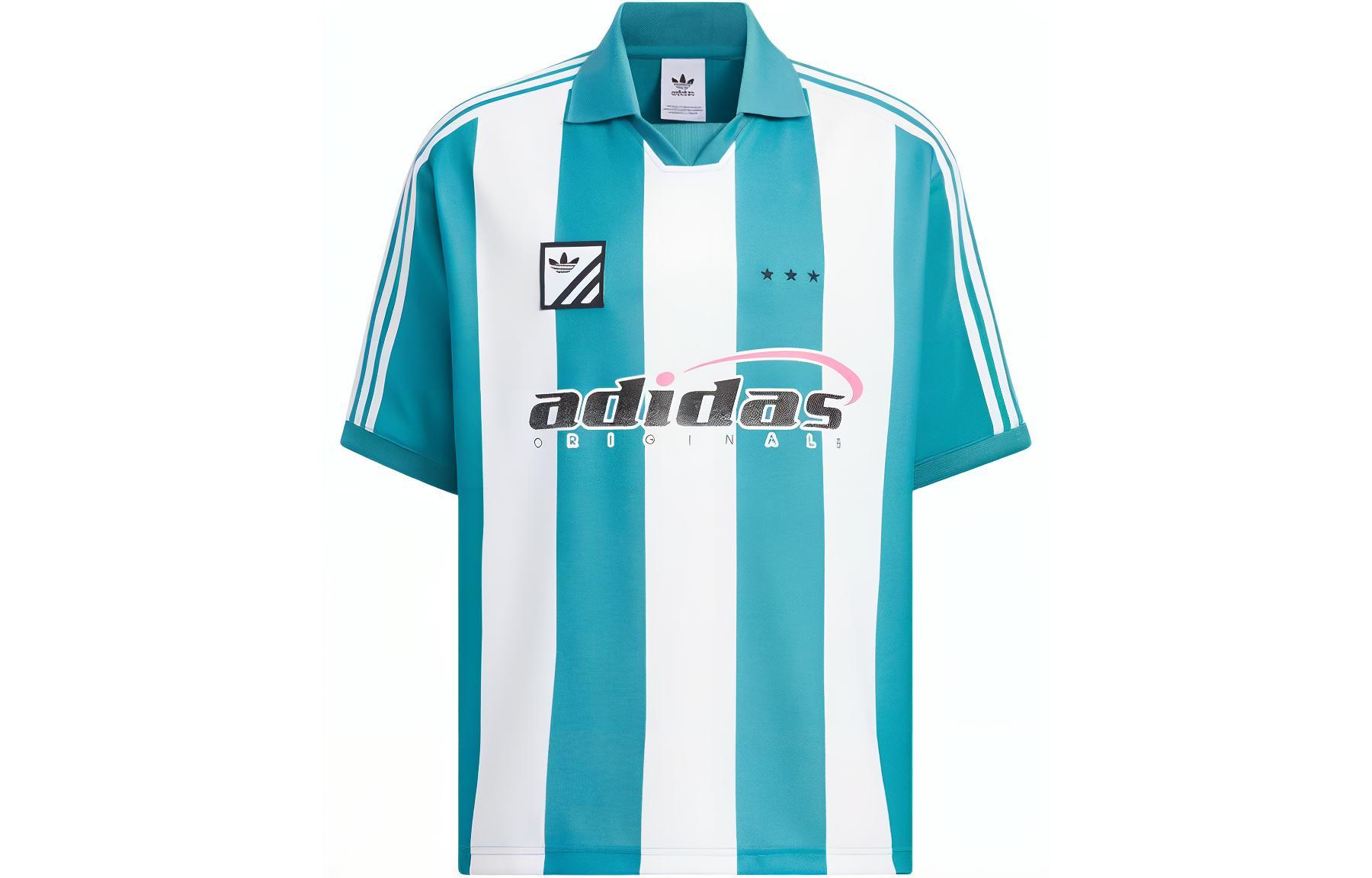 adidas Originals Play Football Polo Shirt Striped Print Ice Blue Sportswear. IW6307