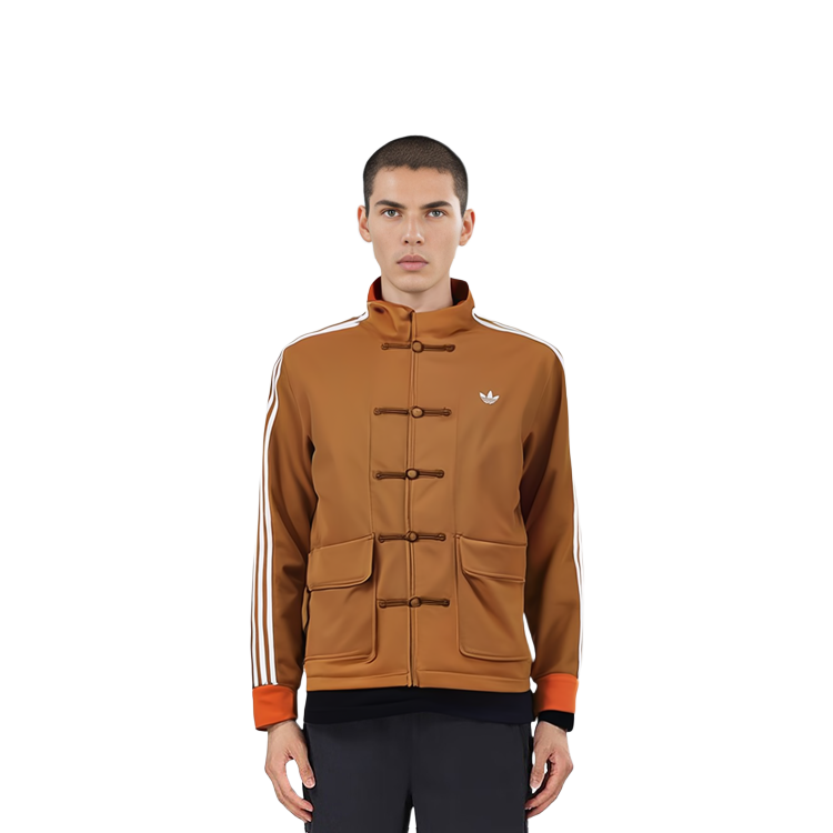 Cheap Chaqueta Unisex adidas Originals SS24 Retro Marrón Raya Cuello Mandarín Satinado. JD3379