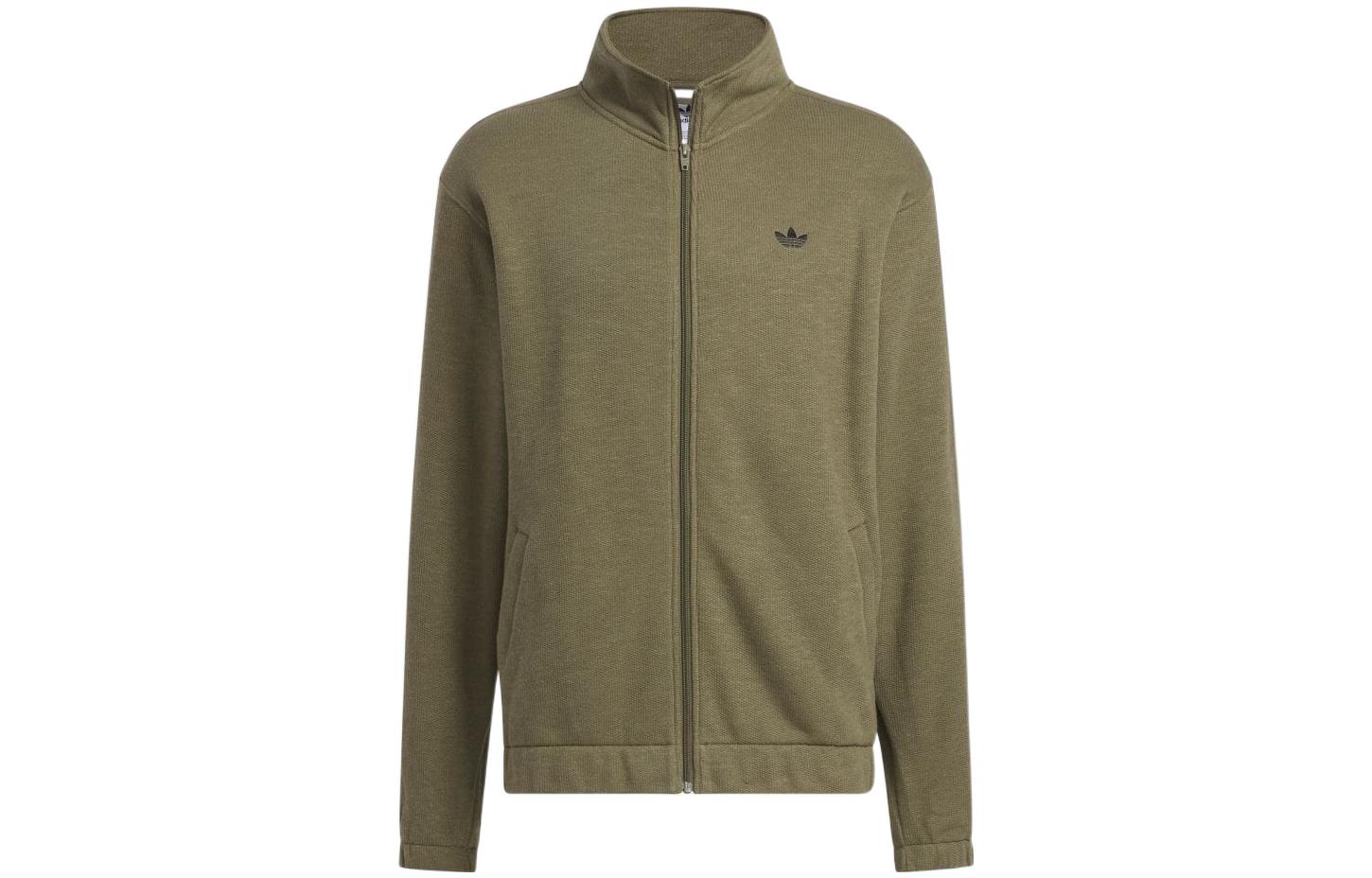 adidas Originals Solid Logo Print Stand Collar Jacket Olive Green Unisex HR9838